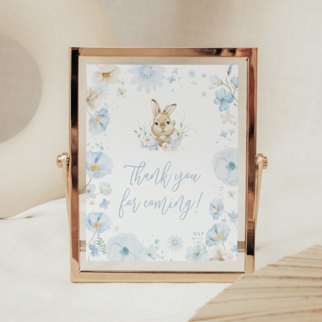 Póster Conejo Somebunny Azul Gracias por venir (Blue Rabbit Somebunny Baby Shower Thank you for Coming Sign)