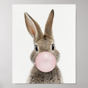 Póster Conejo soplando chicle rosa