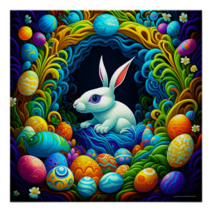 Póster Conejo surrealista de Pascua con huevos