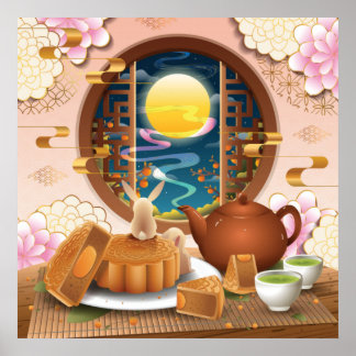 Póster Conejo, torta lunar, té
