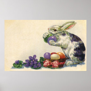 Póster Conejo victoriano de Pascua, huevos y flores