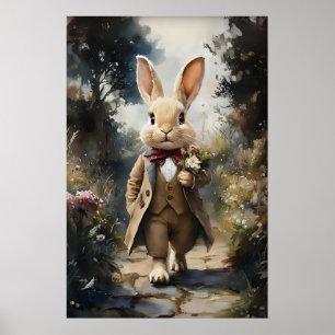 Póster Conejo Victoriano En Chaqueta Estampado De Ramo, P