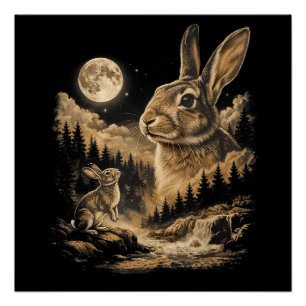 Póster Conejo Vintage Aullando a la Luna Arte Nocturno de