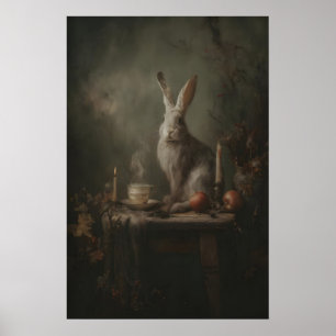 Póster Conejo Vintage Con Fruta, Vela Y Cáliz En