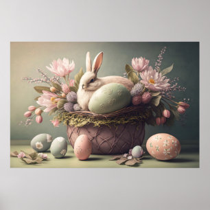 Póster Conejo y huevos de pascua feliz, Poster de colores