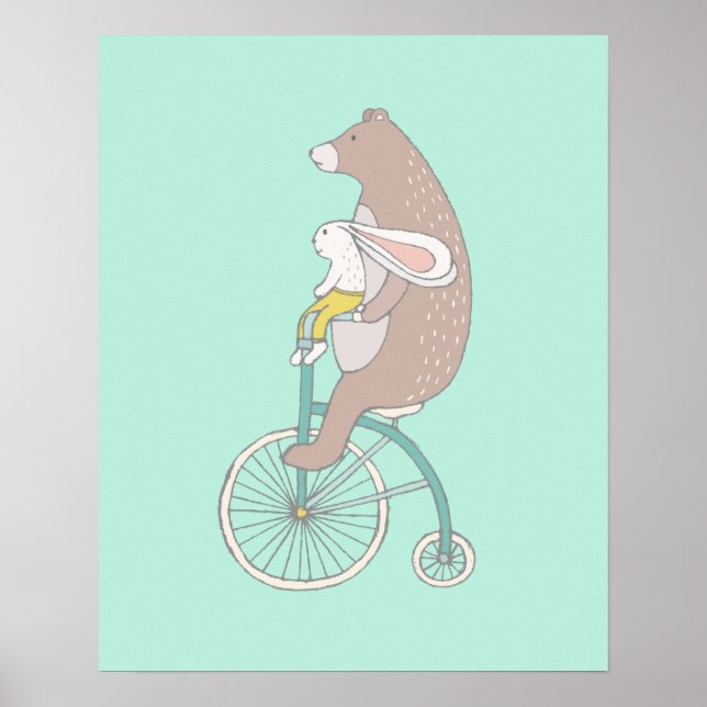 Póster Conejo y oso caprichosos montando una bicicleta (Frente)