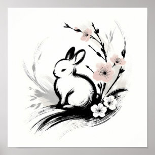 Póster Conejo Zen Minimalista de Primavera Flor de Cerezo
