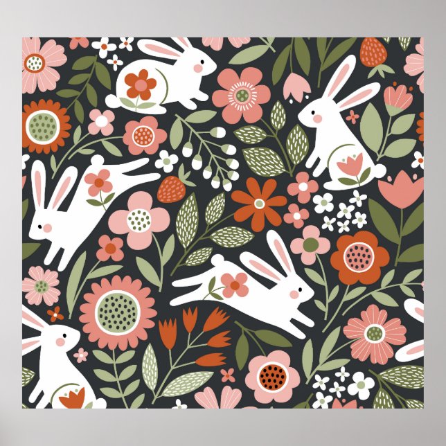Póster Conejos blancos, patrón de cosecha floral. (Frente)