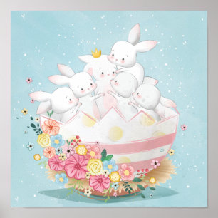 Póster Conejos de acuarela en huevo de Pascua con flores