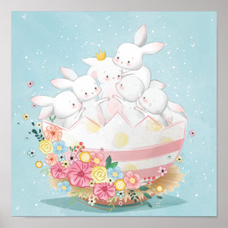 Póster Conejos de acuarela en huevo de Pascua con flores