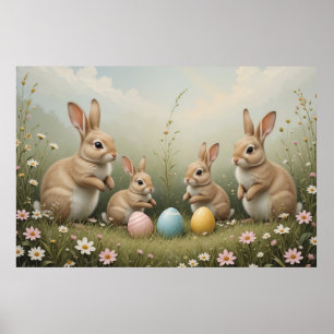 Póster Conejos de Pascua Caprichosos en Pradera Pastel Rú