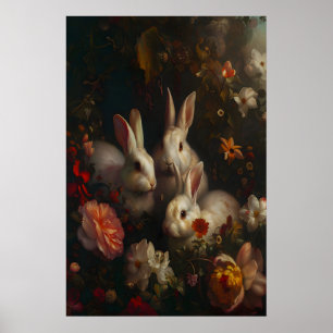 Póster Conejos Florales Galería de Primavera, Dark Academ