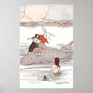 Póster Conejos montados en ballena se reúnen con sirenas