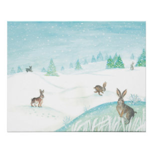Póster Conejos salvajes de invierno blanco