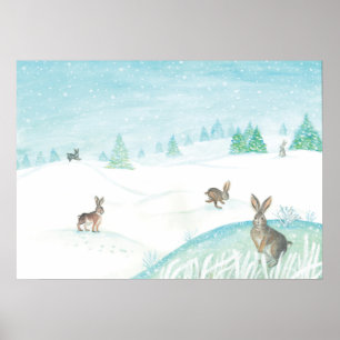 Póster Conejos sentados y saltando de nieve
