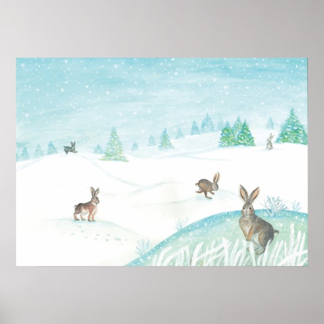 Póster Conejos sentados y saltando de nieve (Frente)