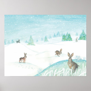 Póster Conejos sentados y saltando de nieve