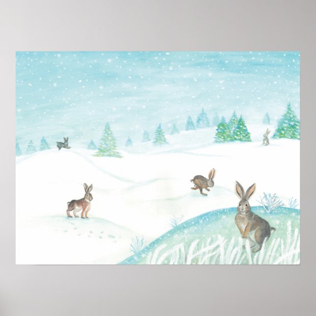 Póster Conejos sentados y saltando de nieve (Frente)
