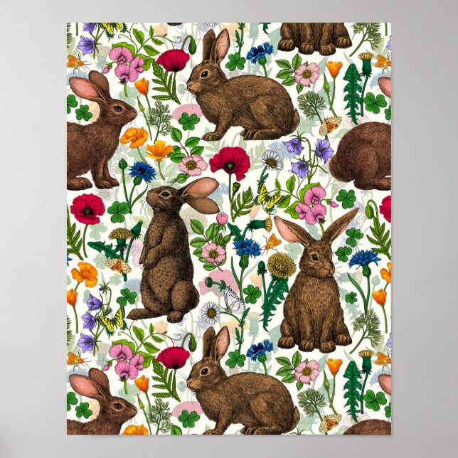 Póster Conejos y flores silvestres (Frente)