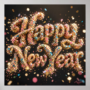 Póster Confeti Brillante de Feliz Año Nuevo