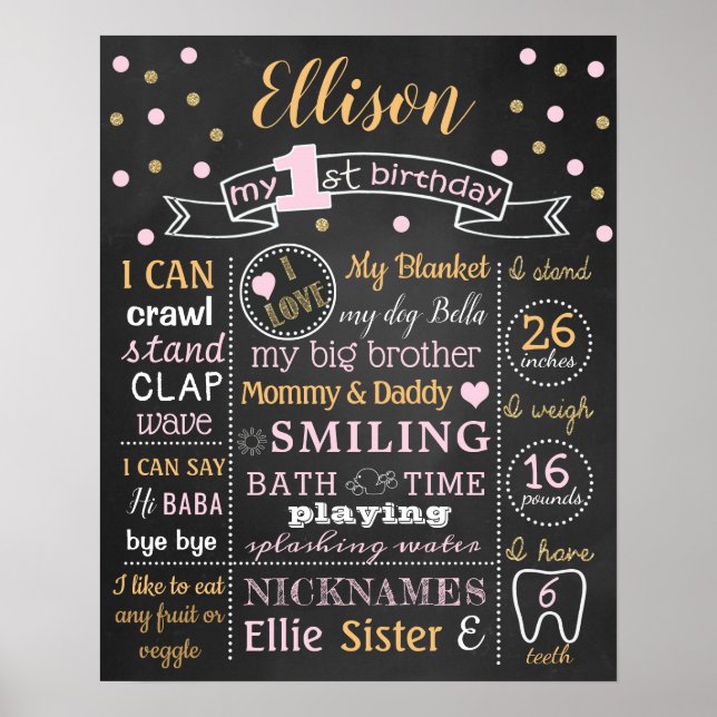Póster Confetti 1st First Birthday chalkboard sign poster (Frente)