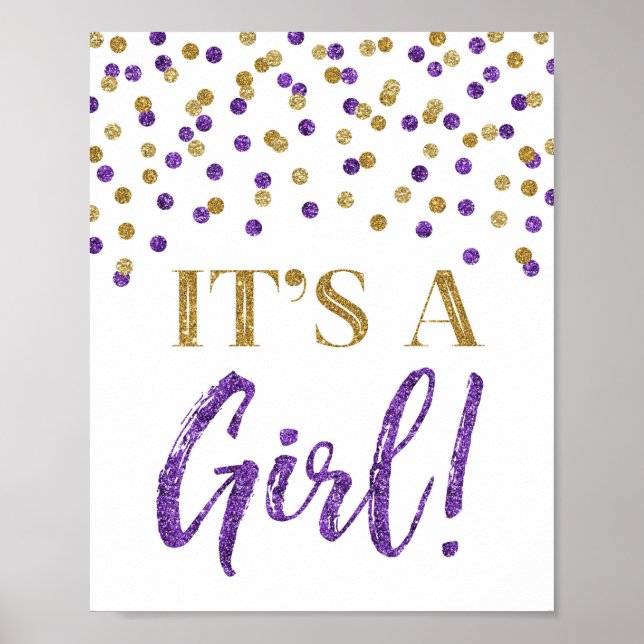 Póster Confetti de oro morado es un Rótulo Baby Shower Ch (Frente)
