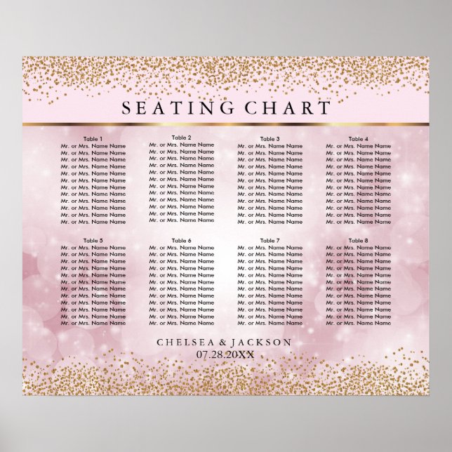 Póster Confetti de oro y boquilla rosa - 10 asientos (Frente)