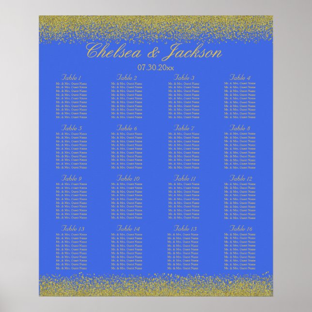 Póster Confetti real azul y oro - 16 asientos (Frente)