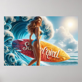 Póster Confident Surfer Girl Walking Beach Waves Art