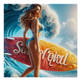 Póster Confident Surfer Girl Walking Beach Waves Art