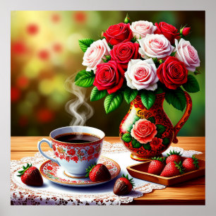 Póster Configuración de mesa romántica con rosas y café