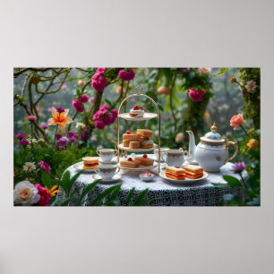 Póster Configuración Del Té De La Tarde En El Jardín