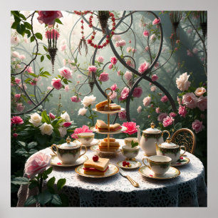 Póster Configuración Del Té De La Tarde En El Jardín