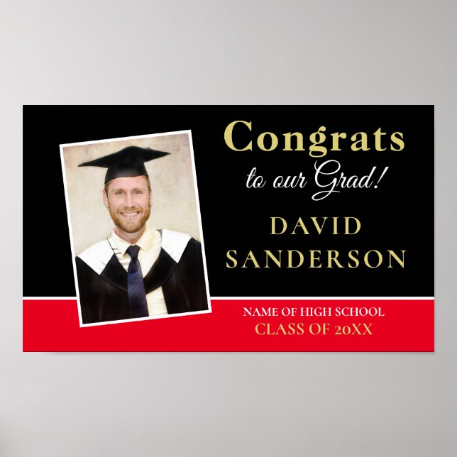 Póster Congrats Grad Photo Name Gold White Red (Frente)