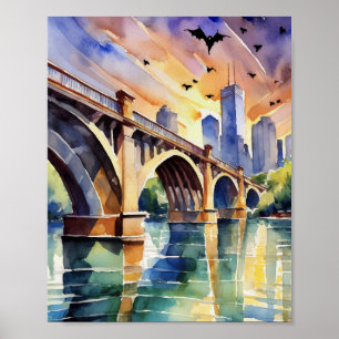 Póster Congress Avenue Bat Bridge Austin Texas Watercolor