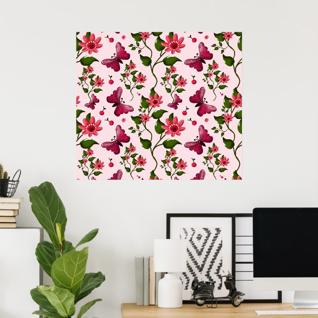 Póster Conjunto de fiesta de flores mariposa Midnight Blo (Oficina en casa)