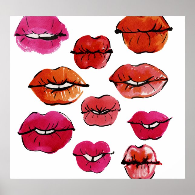 Póster Conjunto de labios de tinta y acuarela (Frente)