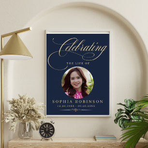 Póster conmemorativo funeral elegante azul dorado