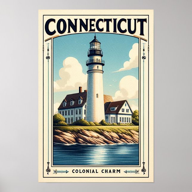 Póster Connecticut Colonial Charm Lighthouse Vintage (Frente)