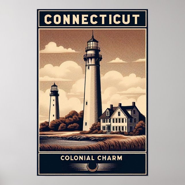 Póster Connecticut Colonial Charm Lighthouse Vintage (Frente)