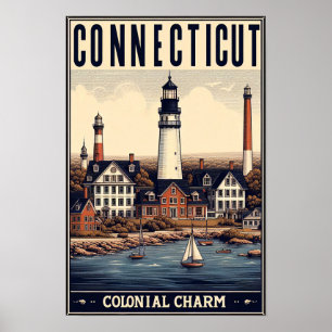 Póster Connecticut Colonial Charm Lighthouse Vintage