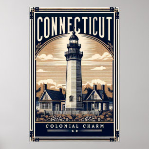 Póster Connecticut Colonial Charm Lighthouse Vintage