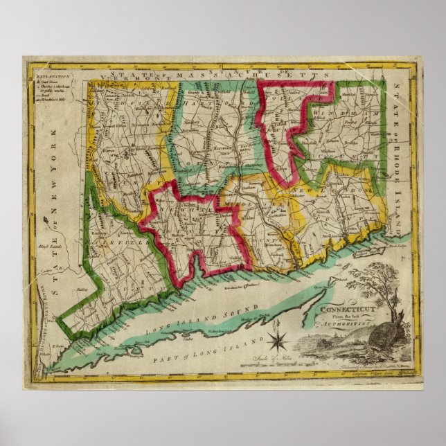 Póster Connecticut Map (Frente)