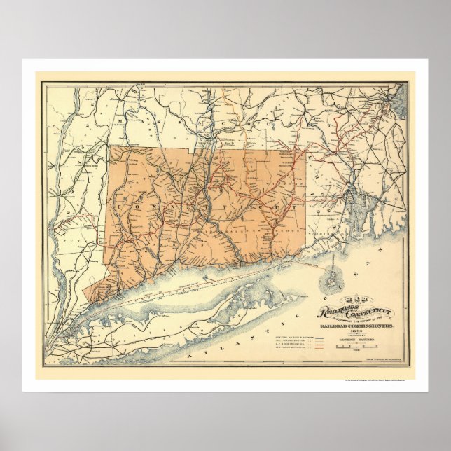 Póster Connecticut Railroad Map 1893 (Frente)