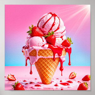 Póster Cono de helado de fresa en fusión