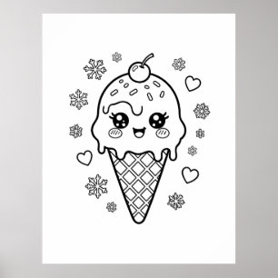 Póster Cono de helado kawaii para colorear