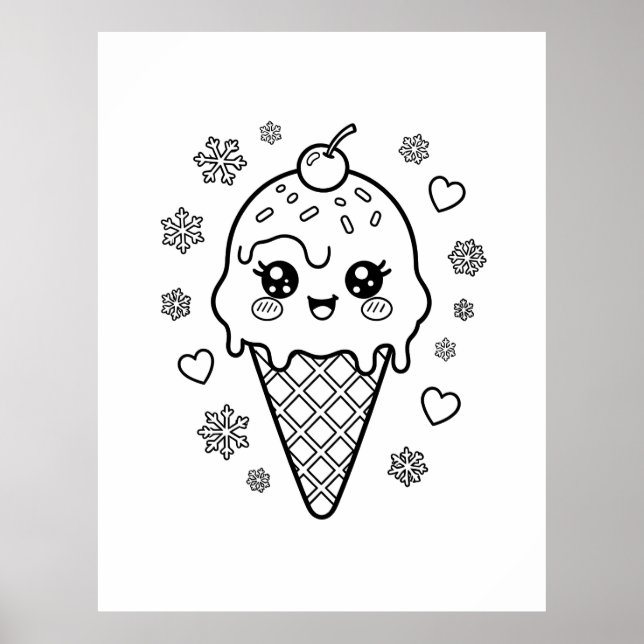 Póster Cono de helado kawaii para colorear (Frente)