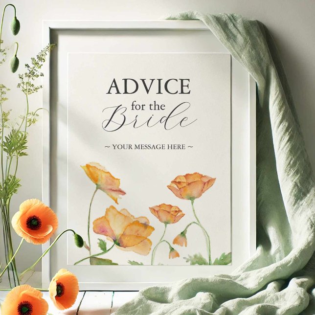 Póster Consejo Para El Rótulo De Boda Floral De Novia (Advice for the bride sign watercolor orange poppy flowers by Victoria Grigaliunas of Do Tell A Belle)