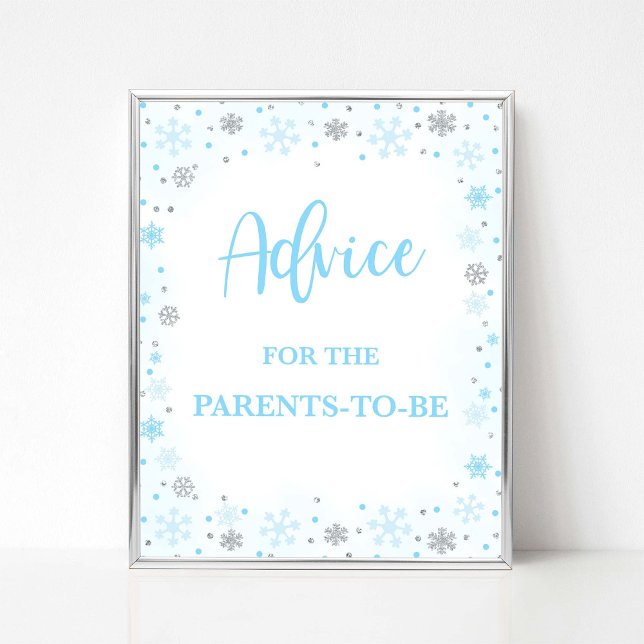 Póster Consejo para que los padres sean Rótulos azules de (Winter Advice for the Parents to  Be Shower Sign, Blue & Silver Glitter Snowflakes Theme)