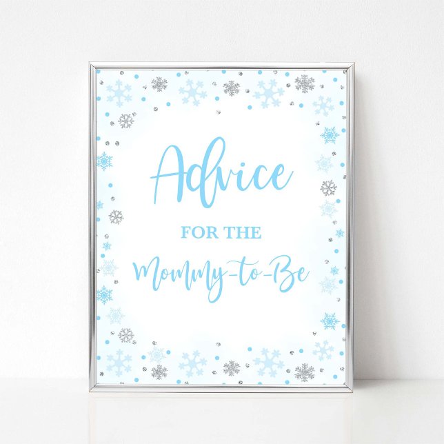 Póster Consejos azules de invierno para que mami sea Rótu (Advice for the Mommy-to-be Winter Baby Shower Sign, Blue & Silver Glitter Snowflakes)